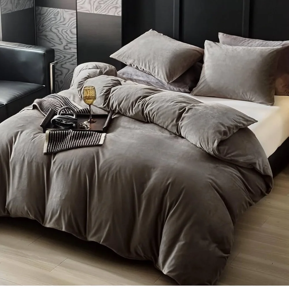 🆕 3 piece Mushroom Gray Beige Graeige Velvet Duvet Cover Set in size QUEEN